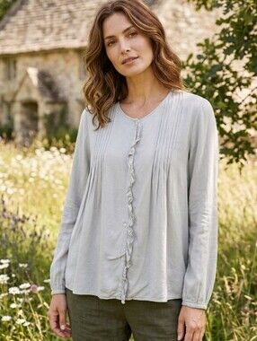 Bellerose Grey Ruffle Button Front Pintuck Viscose Wool Blend Top L Cottagecore